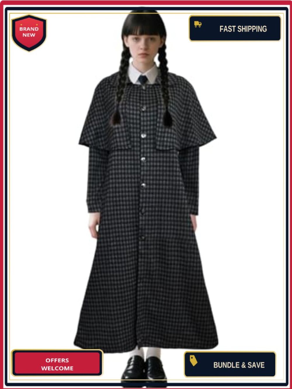 Gothic Plaid Long Coat Cape Collar Halloween Cosplay Costume